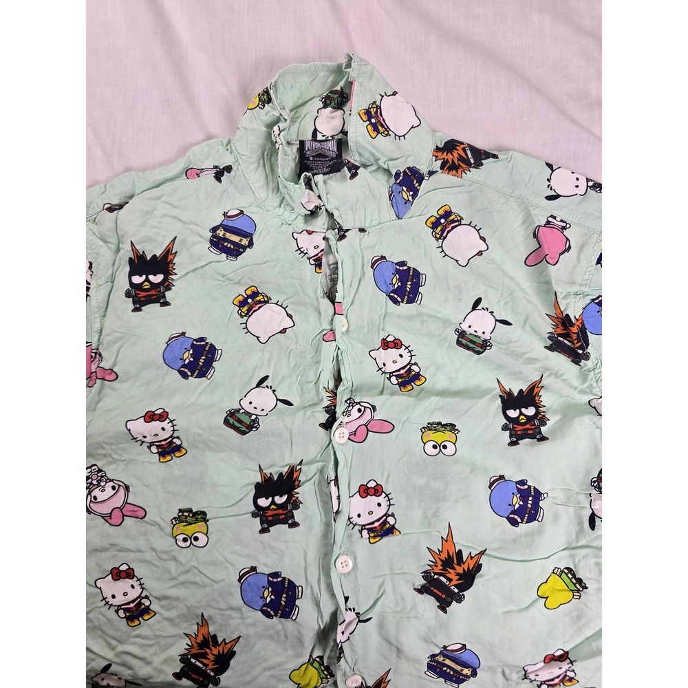 Crunchyroll Shirt Mens Small Green Hello Kitty Hero Academia Short Sleeve Button